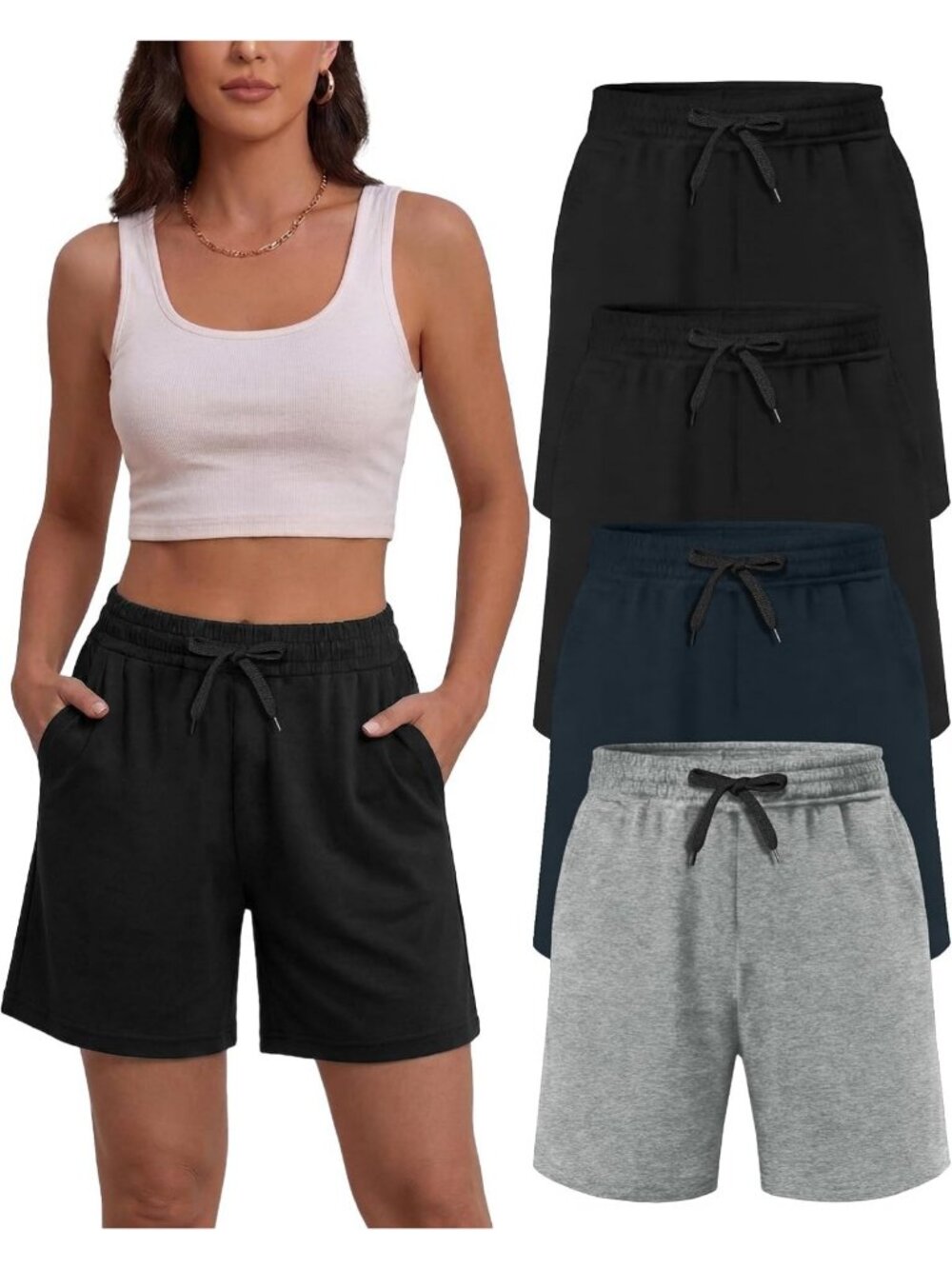 Women's Summer Sweat Shorts - 4 Pack Cotton Drawstring with Pockets, Comfy